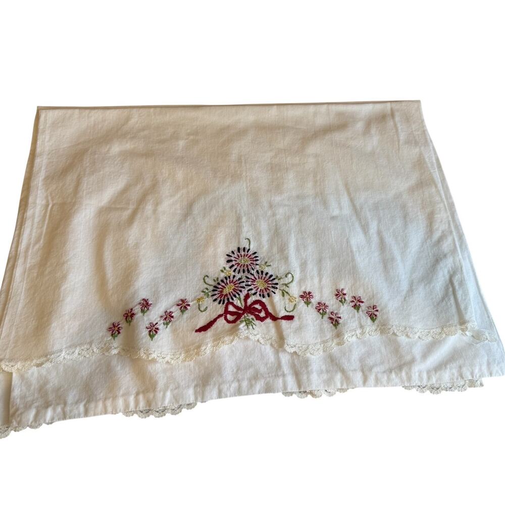 Pair of Vintage White Cotton Floral Embroidered Pillowcases